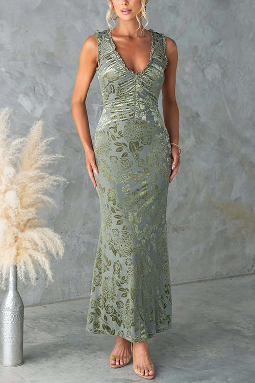 Sleeveless Ruched V Neck Floral Jacquard Maxi Dress