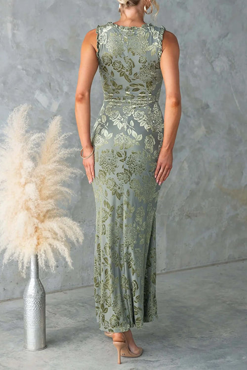 Sleeveless Ruched V Neck Floral Jacquard Maxi Dress