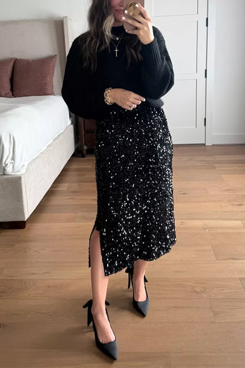 Margovil Side Slit Glitter Sequin Midi Skirt