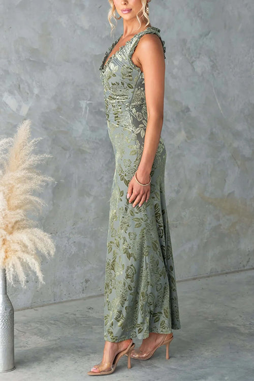 Sleeveless Ruched V Neck Floral Jacquard Maxi Dress