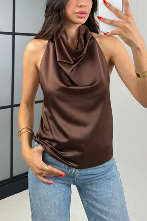 Margovil Chic Halter Cowl Neck Sleeveless Satin Top
