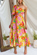 One Shoulder Waisted Floral Print Swing Maxi Holiday Dress