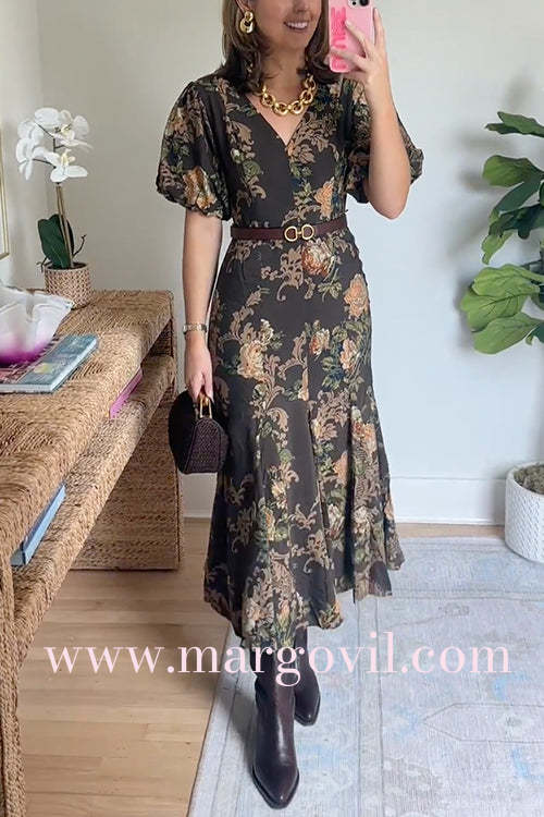 V Neck Puff Short Sleeves Floral Print Midi Dress