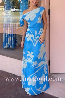 One Shoulder Tie Knot Printed Maxi Dress