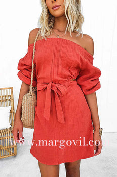 Off Shoulder Tie Waist A-line Mini Dress