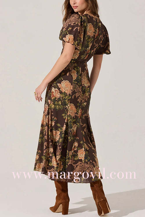 V Neck Puff Short Sleeves Floral Print Midi Dress