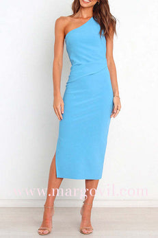 Margovil One Shoulder Sleeveless Side Split Ruched Midi Dress