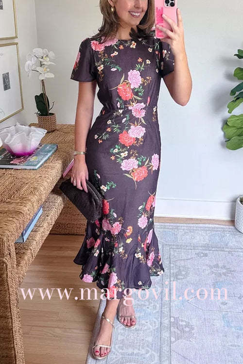 Crewneck Short Sleeves Floral Print Ruffle Hem Midi Dress