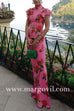 Ruffled Cap Sleeves Rose Print Maxi Cheongsam Dress