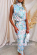 Margovil Irregular Tie Neck Waisted Floral Printed Maxi Satin Dress
