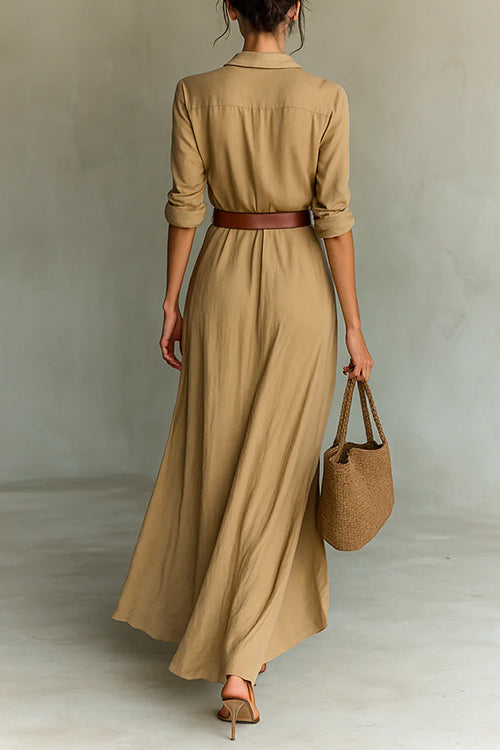 Margovil Lapel Long Sleeves Button Up Maxi Dress With Belt