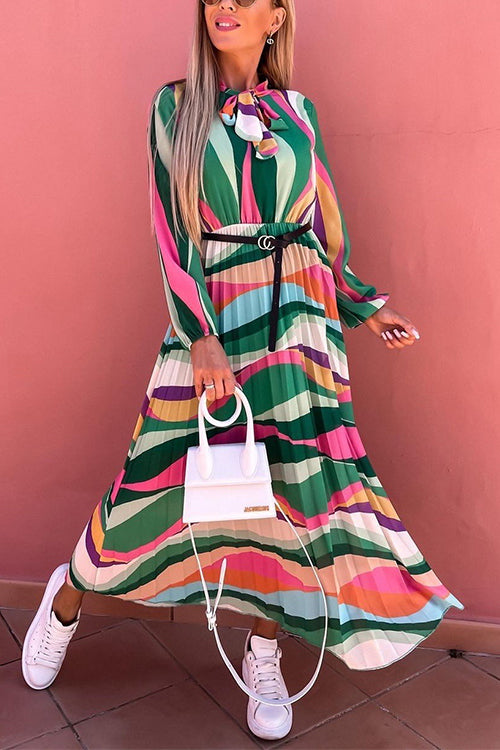 Margovil Tie Neck Long Sleeves Color Block Pleated Maxi Dress