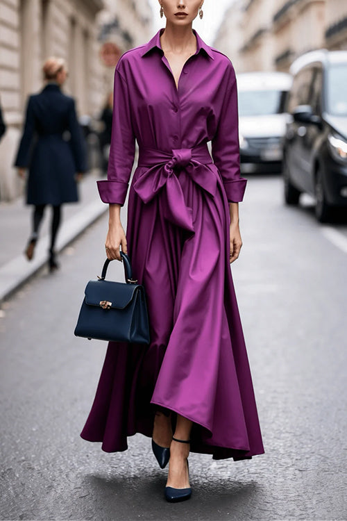 Margovil Long Sleeves Button Up Bow Waist Maxi Dress