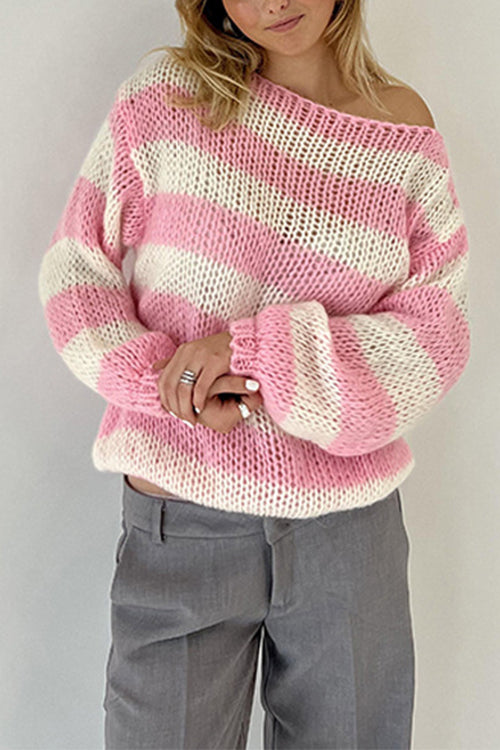 Margovil Drop Shoulder Striped Casual Pullover Sweater