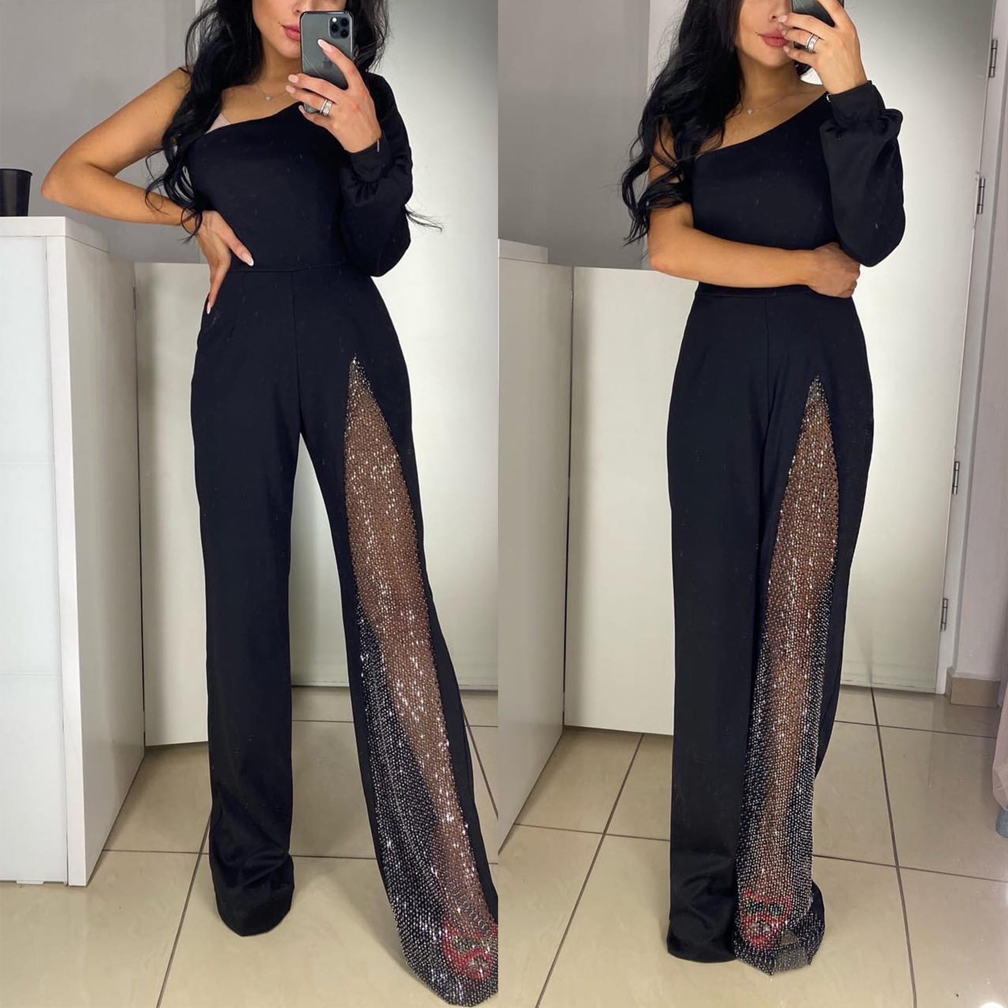 Margovil One Shoulder Long Sleeve Patchwork Wide Leg Jumpsuit