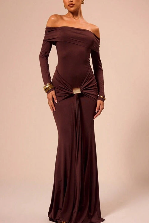 Margovil Off Shoulder Knot Front Bodycon Maxi Party Dress