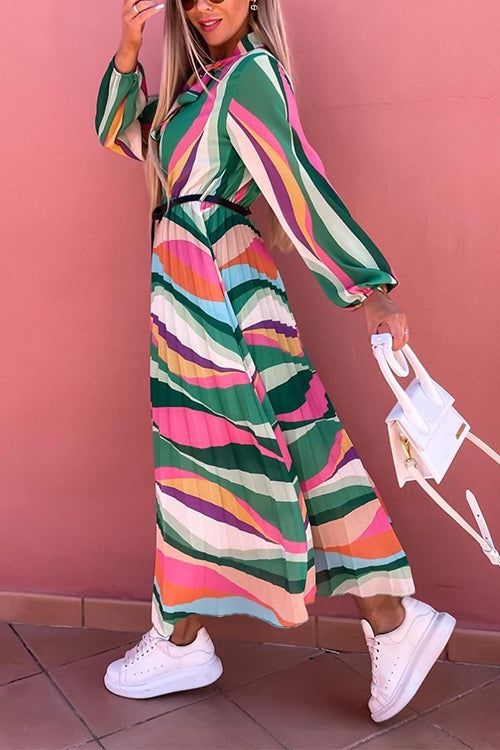 Margovil Tie Neck Long Sleeves Color Block Pleated Maxi Dress