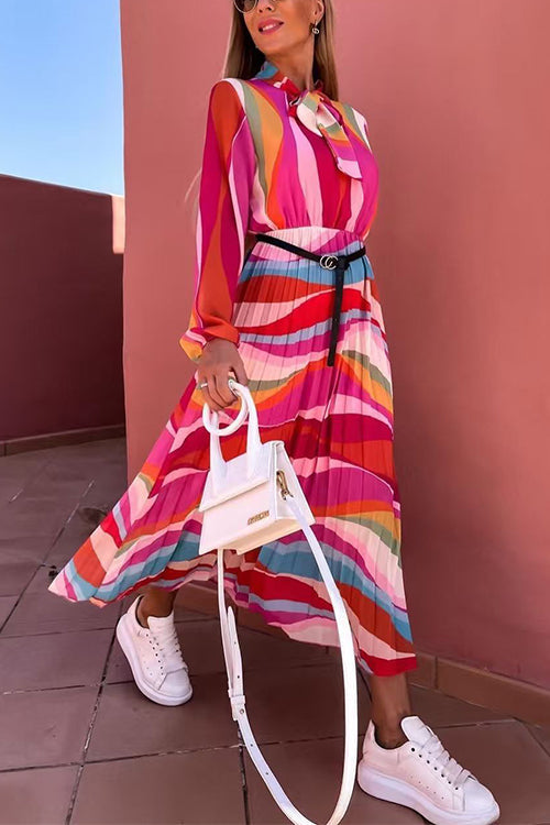 Margovil Tie Neck Long Sleeves Color Block Pleated Maxi Dress