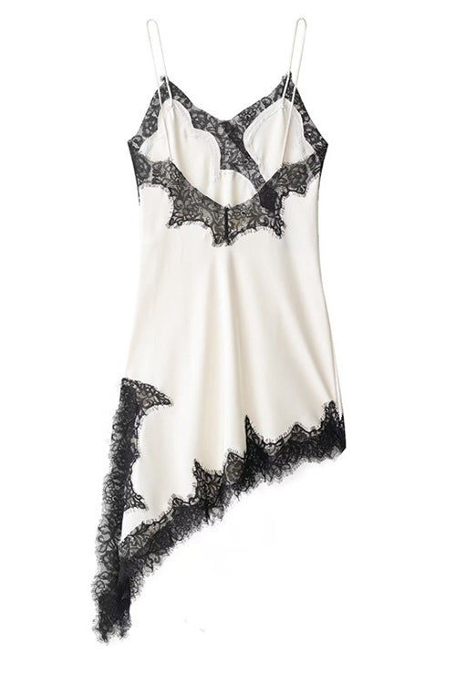 Margovil Spaghetti Strap Lace V Neck Irregular Hem Mini Dress