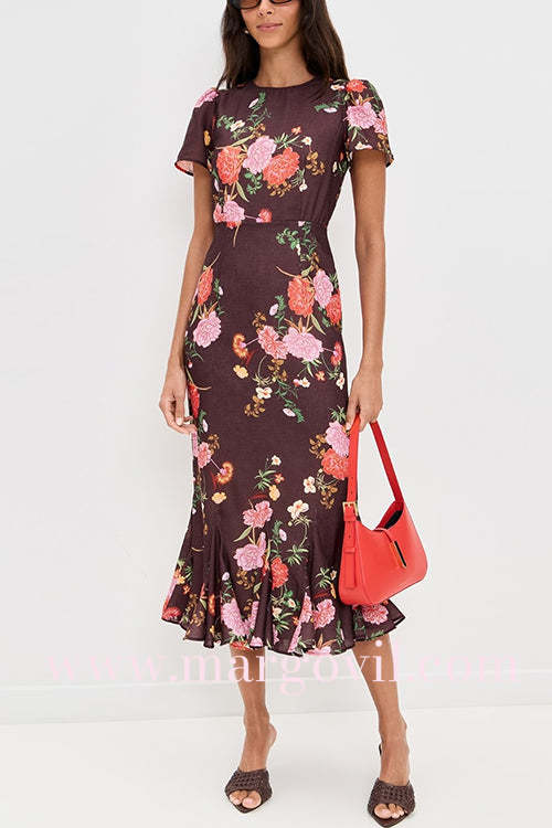 Crewneck Short Sleeves Floral Print Ruffle Hem Midi Dress