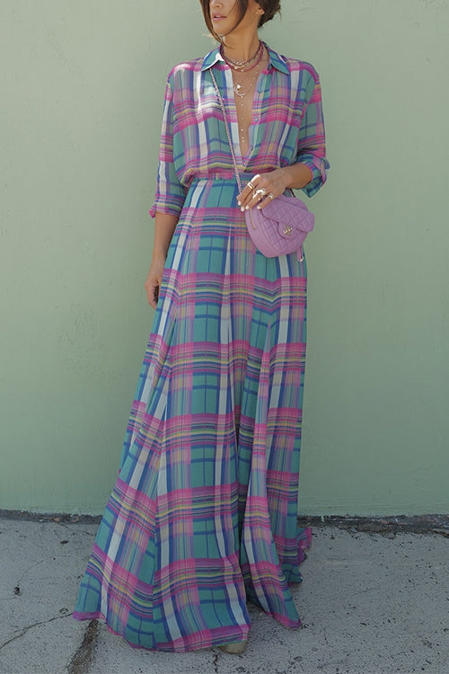High Rise Plaid Flowy Maxi Skirt
