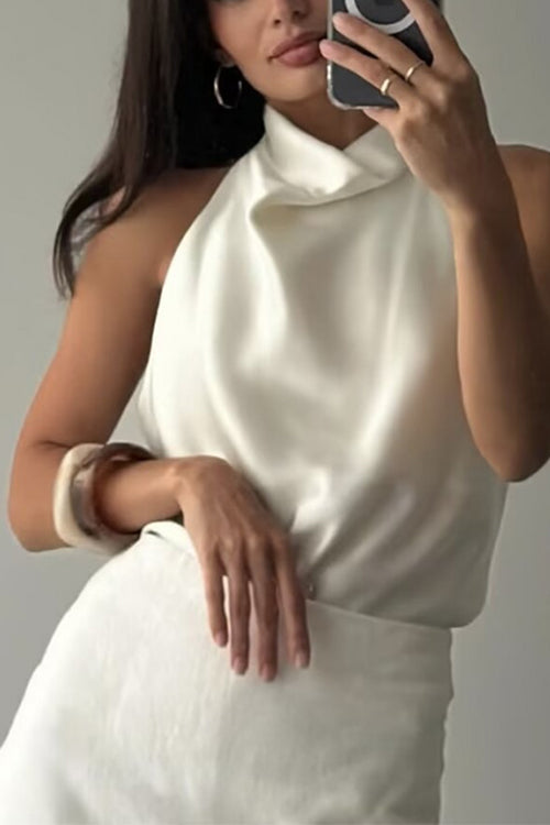 Margovil Chic Halter Cowl Neck Sleeveless Satin Top