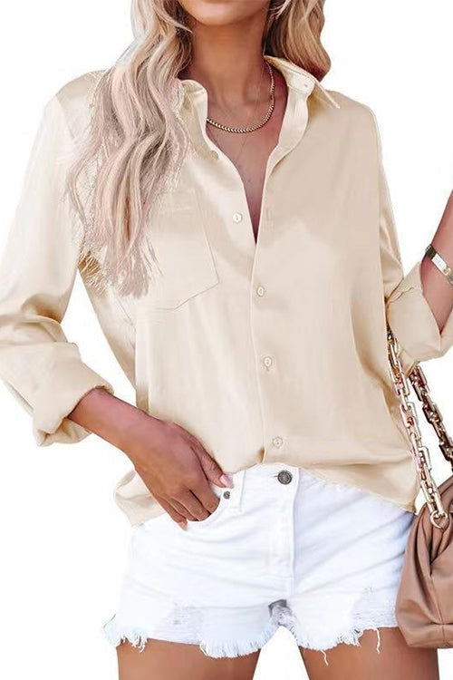 Margovil Lapel Long Sleeves Button Down Satin Shirt