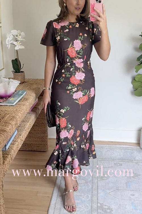 Crewneck Short Sleeves Floral Print Ruffle Hem Midi Dress