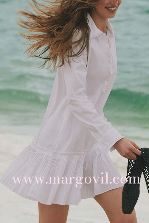 Long Sleeves Button Up Pleated Hem Mini Shirt Dress