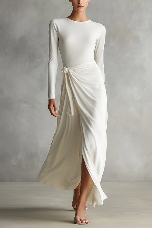 Crewneck Long Sleeves Tie Waist Wrap Maxi Dress