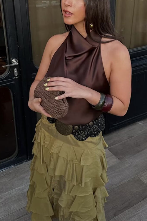 Margovil Chic Halter Cowl Neck Sleeveless Satin Top