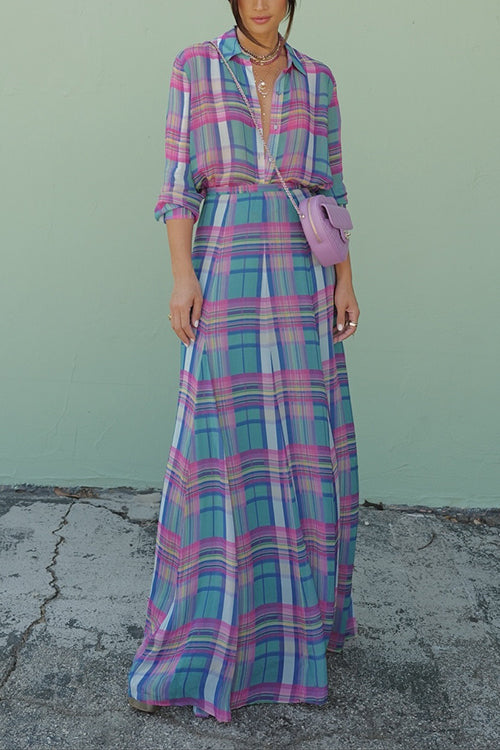 High Rise Plaid Flowy Maxi Skirt