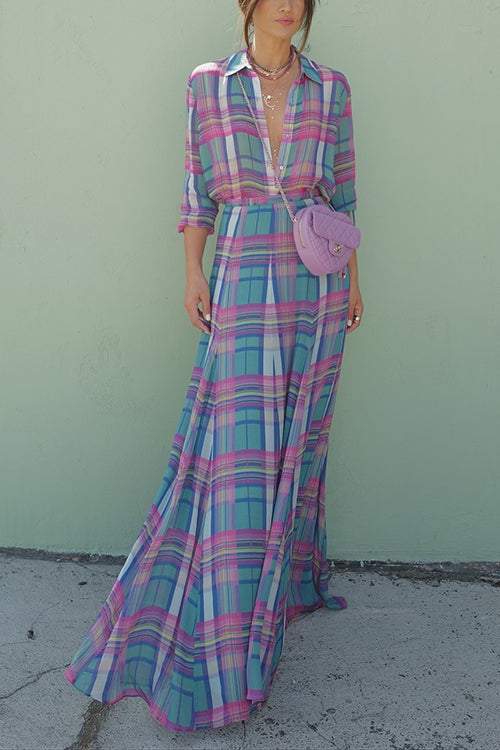 High Rise Plaid Flowy Maxi Skirt