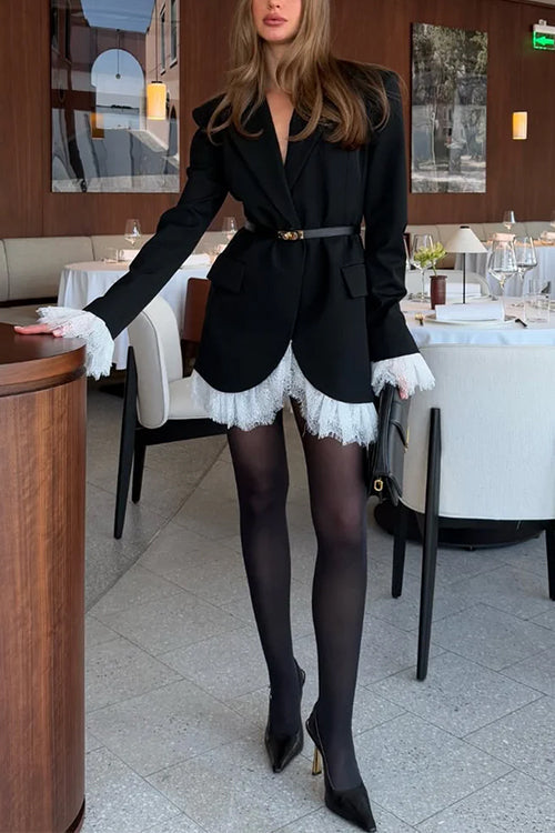 Margovil Notch Lapel V Neck Single Breasted Lace Trim Blazer