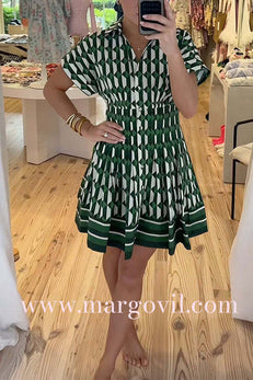 Short Sleeves Button Up Geometric Print Mini Dress