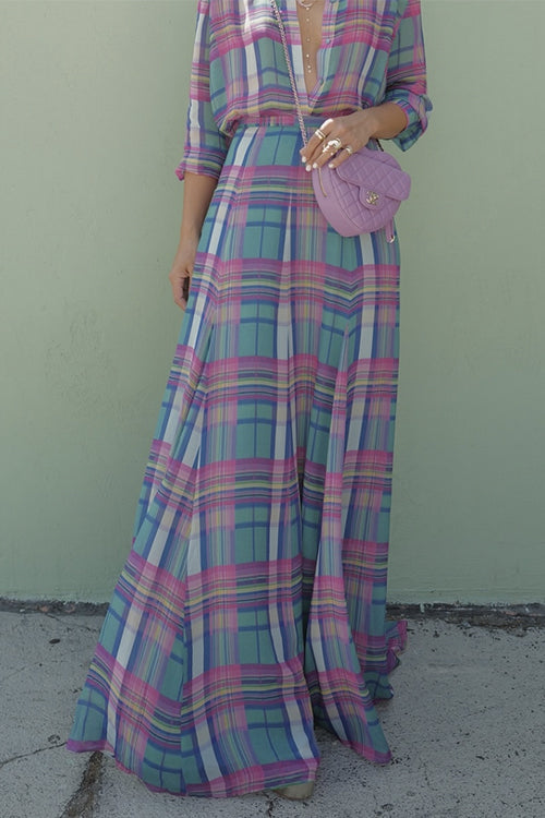 High Rise Plaid Flowy Maxi Skirt