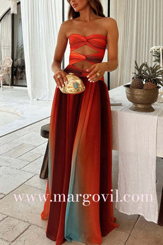 Strapless Twist Front Cut Out Colorful Mesh Maxi Dress