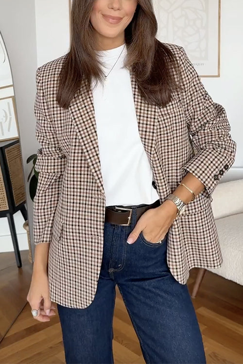 Margovil Notch Lapel Single Breasted Plaid Blazer