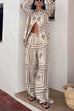 Margovil Cactus Print Lapel Long Sleeves Shirt Elastic Waist Wide Leg Pants Set