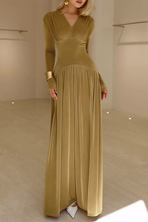 Margovil V Neck Long Sleeves Waisted Velvet Maxi Dress