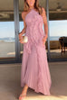Margovil Strappy Halter Neck Ruffle Trim Asymmetric Hem Pleated Maxi Dress