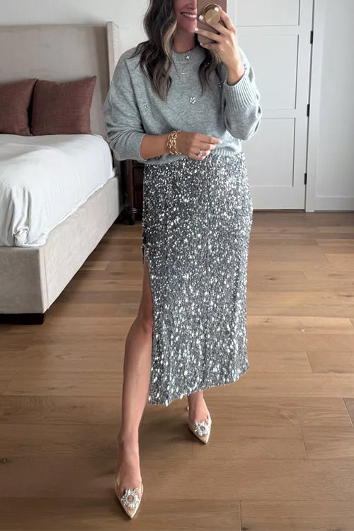 Margovil Side Slit Glitter Sequin Midi Skirt