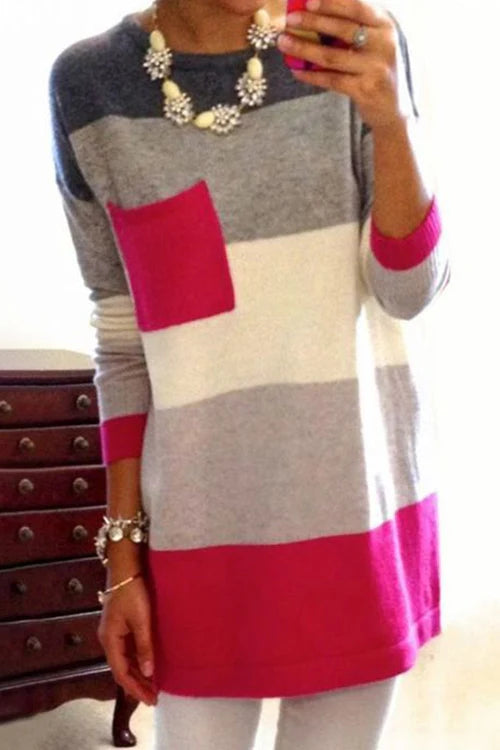 Margovil Color Block Pocket Casual Striped Sweater