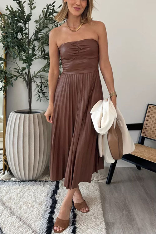 Strapless Pleated Faux Leather Midi Dress(2 Colors Available!) – Margovil