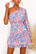 One Shoulder Waisted Floral Print Ruffle Mini Dress