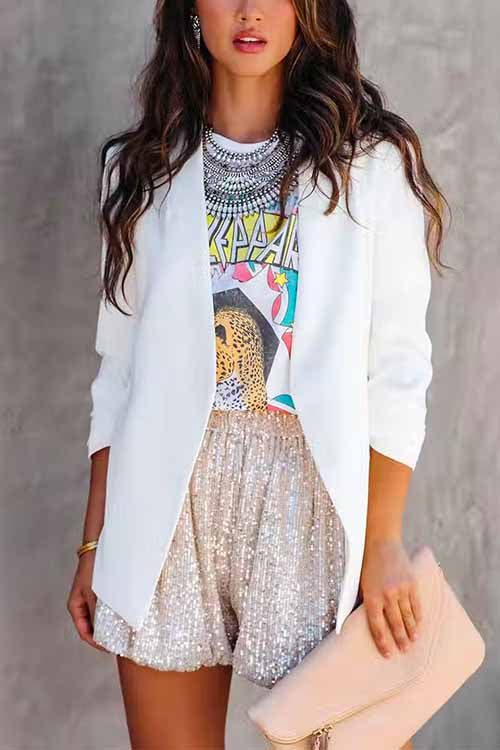 Margovil Stylish Elastic Waist Ruched Sequin Shorts