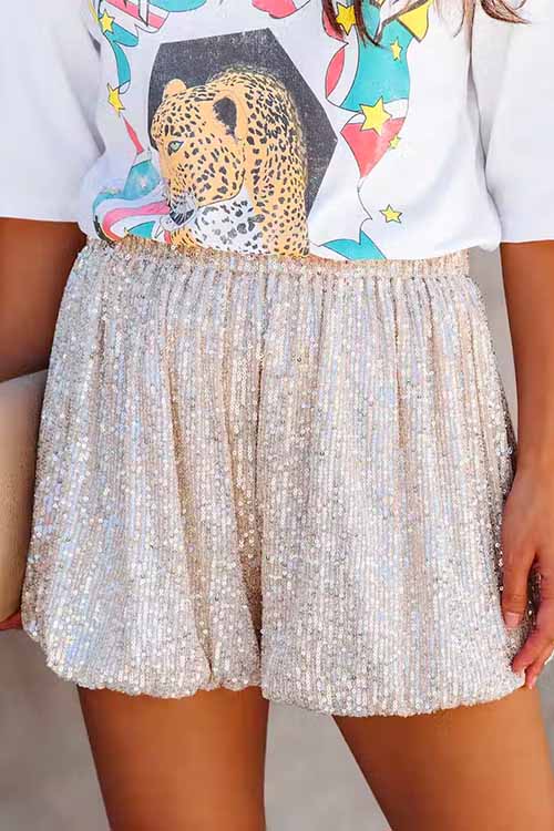 Margovil Stylish Elastic Waist Ruched Sequin Shorts