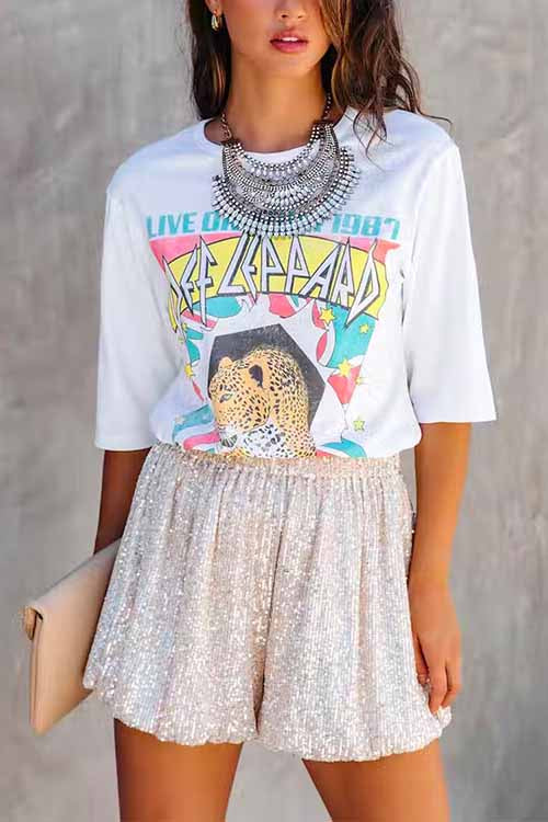 Margovil Stylish Elastic Waist Ruched Sequin Shorts