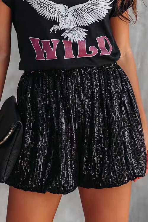 Margovil Stylish Elastic Waist Ruched Sequin Shorts