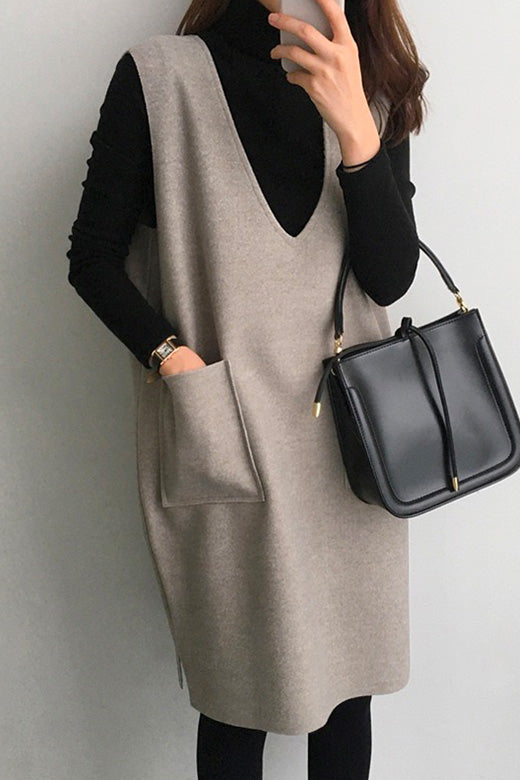 Margovil V Neck Sleeveless Woolen Vest Pocketed Dress (6 colors Available)